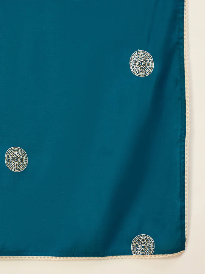 Teal Roman Silk Kurta Set with Intricate Metallic Embroidery