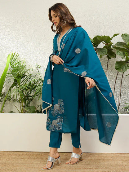 Teal Roman Silk Kurta Set with Intricate Metallic Embroidery