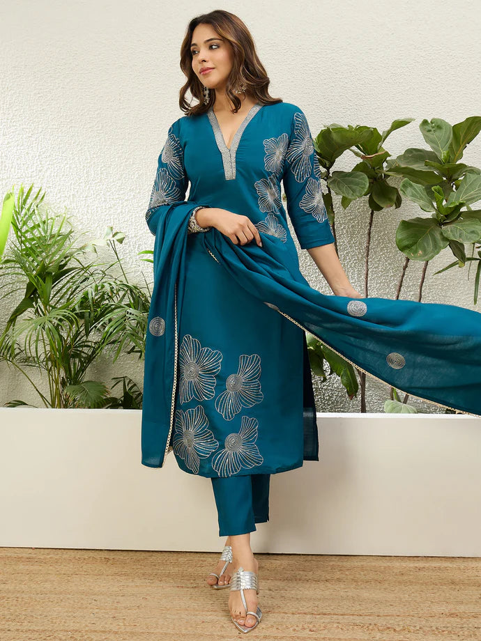 Teal Roman Silk Kurta Set with Intricate Metallic Embroidery