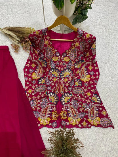Stunning Rani Pink Embroidered Peplum Sharara Set