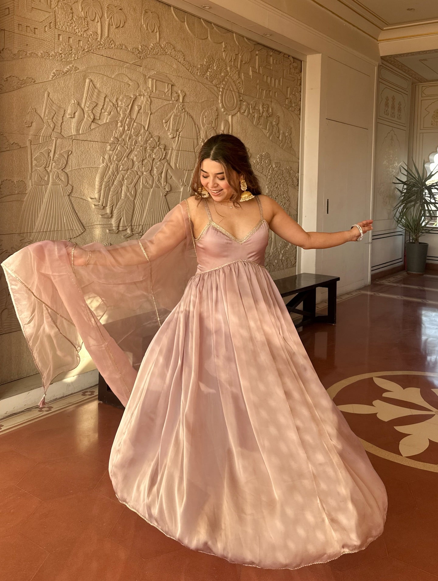 Blush Pink Satin Anarkali Gown Set with Organza Dupatta – Elegant Festive & Party Wear for Women