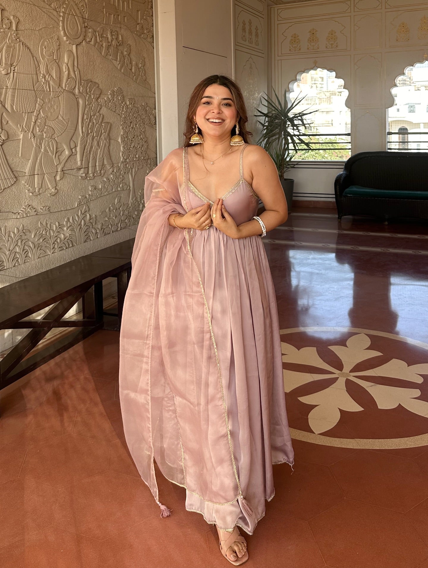 Blush Pink Satin Anarkali Gown Set with Organza Dupatta – Elegant Festive & Party Wear for Women