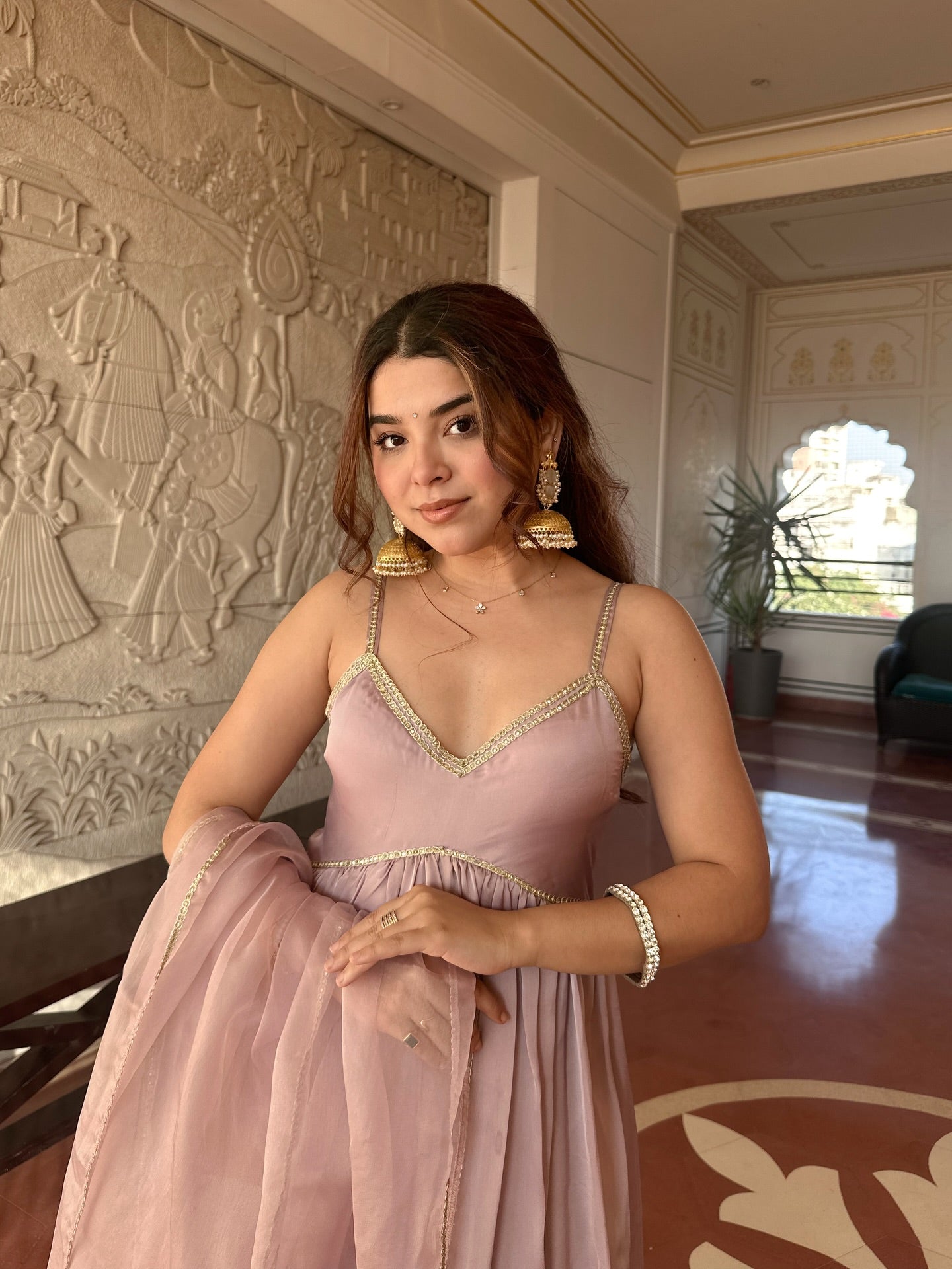 Blush Pink Satin Anarkali Gown Set with Organza Dupatta – Elegant Festive & Party Wear for Women