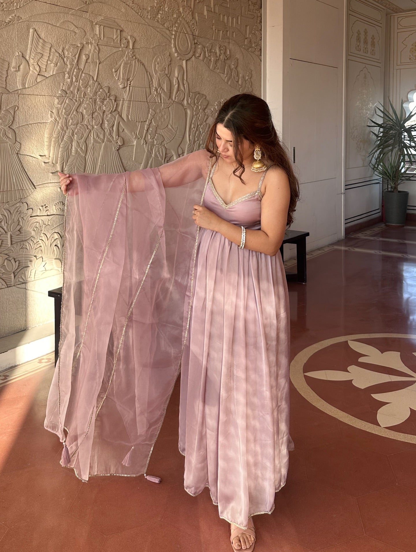 Blush Pink Satin Anarkali Gown Set with Organza Dupatta – Elegant Festive & Party Wear for Women