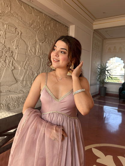 Blush Pink Satin Anarkali Gown Set with Organza Dupatta – Elegant Festive & Party Wear for Women