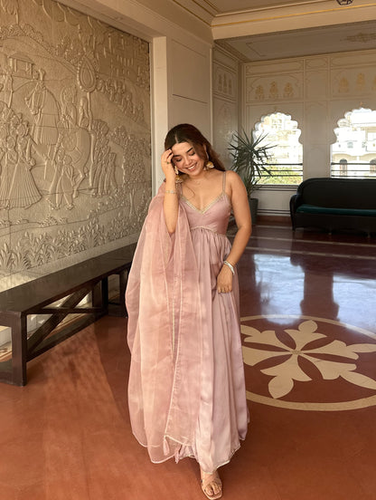 Blush Pink Satin Anarkali Gown Set with Organza Dupatta – Elegant Festive & Party Wear for Women