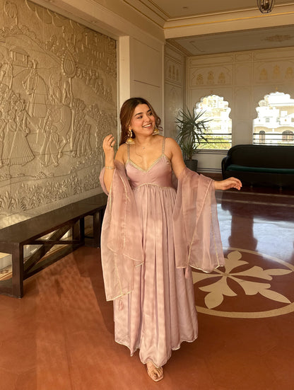 Blush Pink Satin Anarkali Gown Set with Organza Dupatta – Elegant Festive & Party Wear for Women