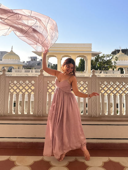 Blush Pink Satin Anarkali Gown Set with Organza Dupatta – Elegant Festive & Party Wear for Women