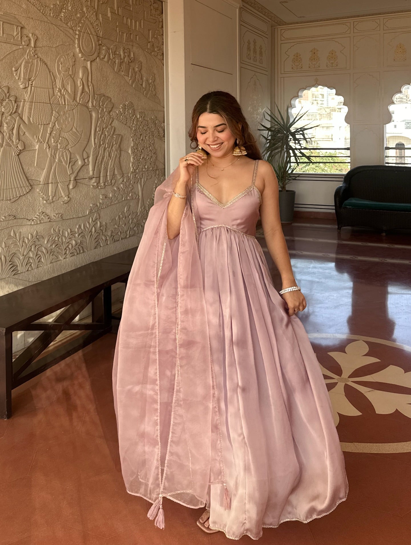 Blush Pink Satin Anarkali Gown Set with Organza Dupatta – Elegant Festive & Party Wear for Women