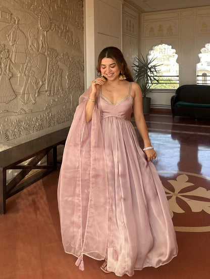 Blush Pink Satin Anarkali Gown Set with Organza Dupatta – Elegant Festive & Party Wear for Women