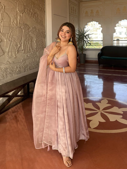 Blush Pink Satin Anarkali Gown Set with Organza Dupatta – Elegant Festive & Party Wear for Women