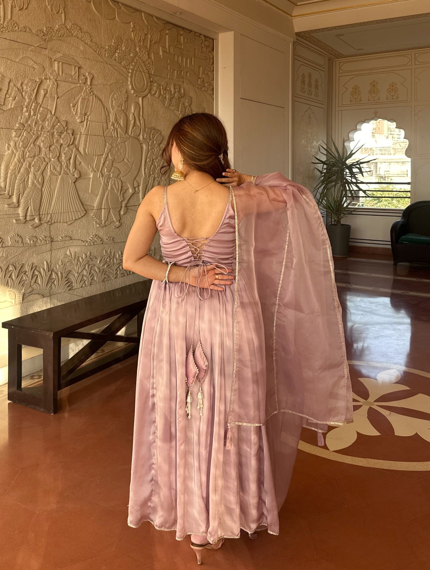 Blush Pink Satin Anarkali Gown Set with Organza Dupatta – Elegant Festive & Party Wear for Women