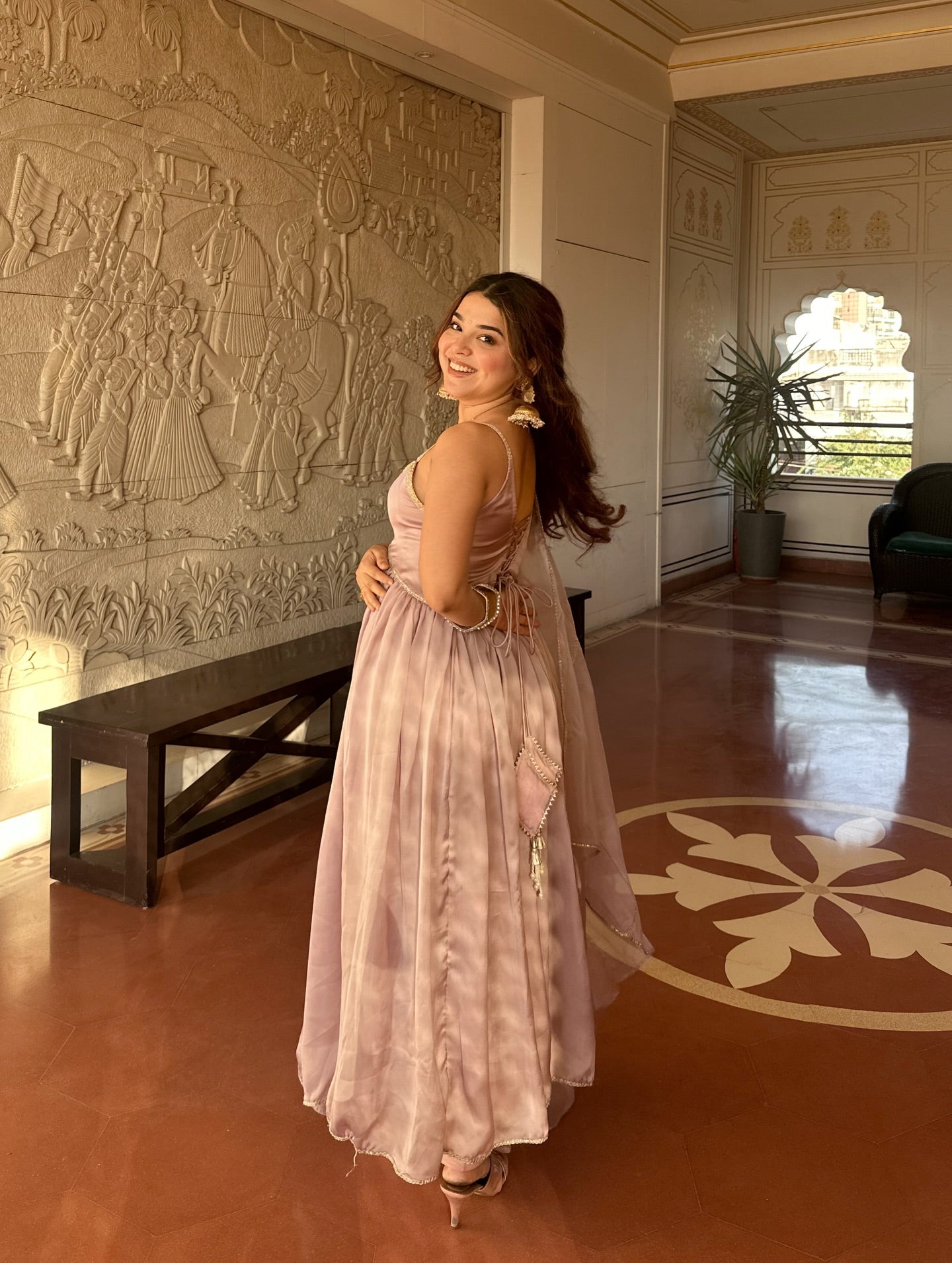 Blush Pink Satin Anarkali Gown Set with Organza Dupatta – Elegant Festive & Party Wear for Women