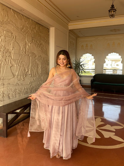 Blush Pink Satin Anarkali Gown Set with Organza Dupatta – Elegant Festive & Party Wear for Women