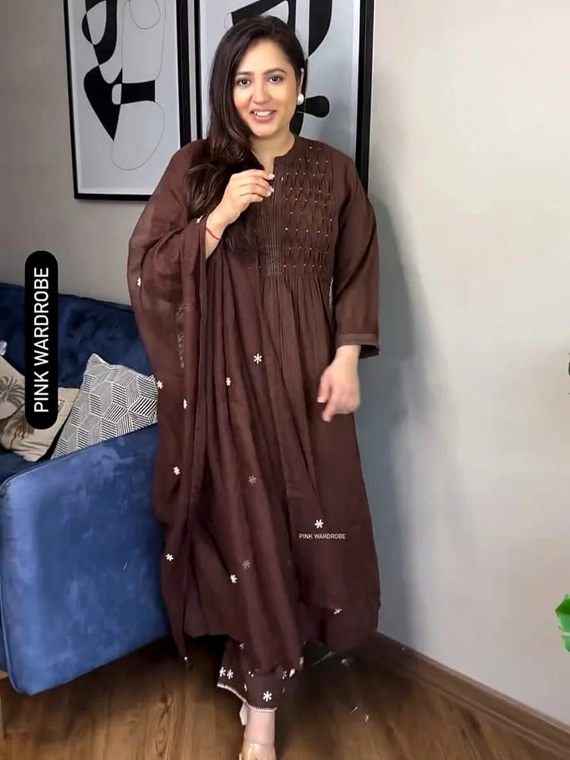 Beautiful Brown Embroidered Flared Kurta Set with Pants