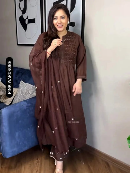 Beautiful Brown Embroidered Flared Kurta Set with Pants