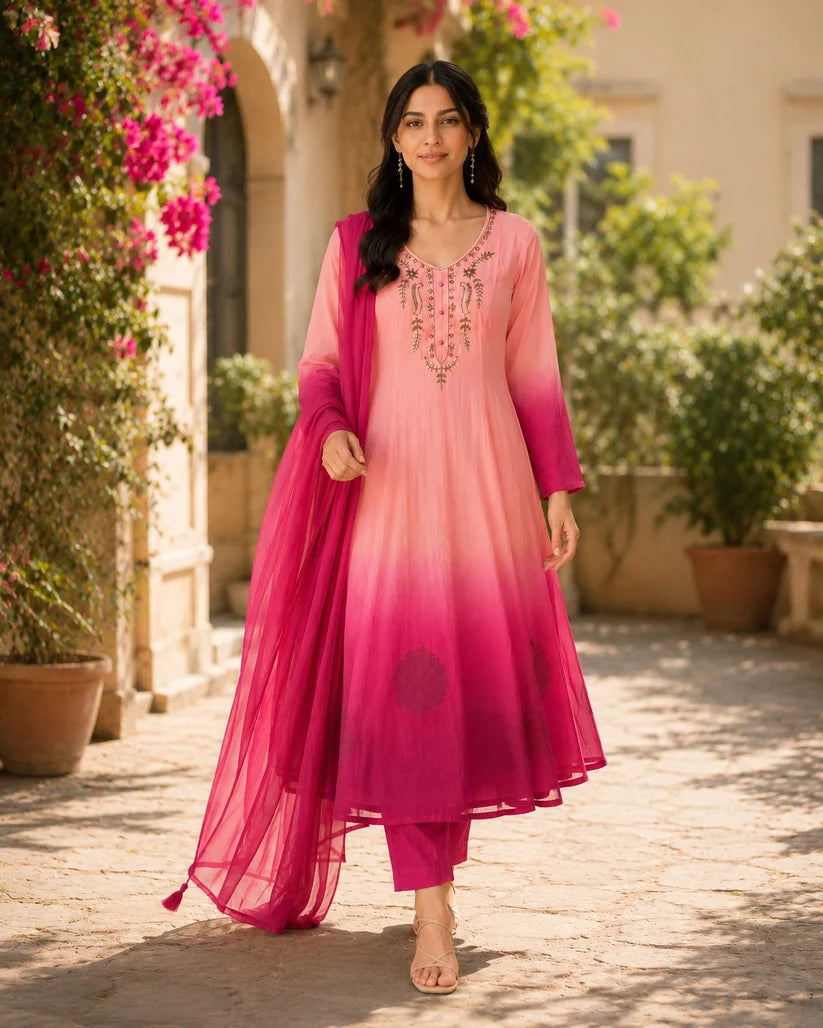 Peach Pink Ombre Embroidered Anarkali Suit Set