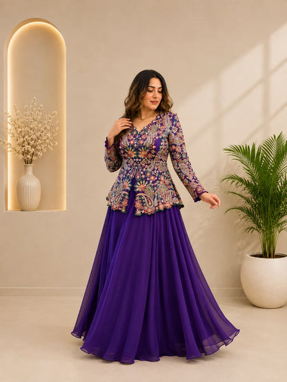 Elegant Royal Purple Floral Embroidered Peplum Sharara Set