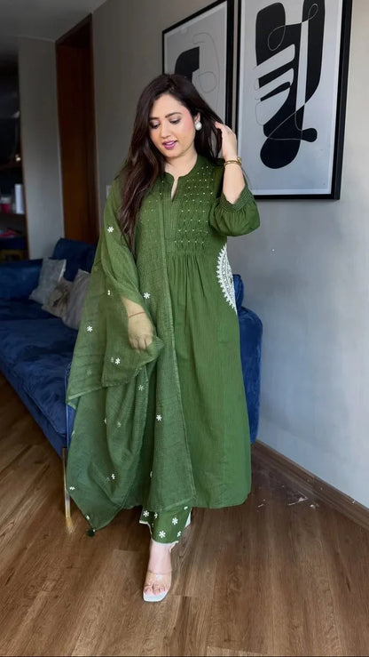 Olive Grace Pure Mul cotton Embroidered Flared Suit Set
