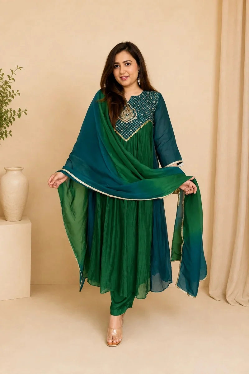 Magic Emerald Green Embroidered Anarkali Suit Set