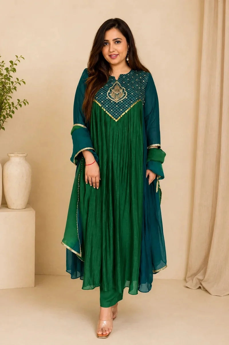 Magic Emerald Green Embroidered Anarkali Suit Set