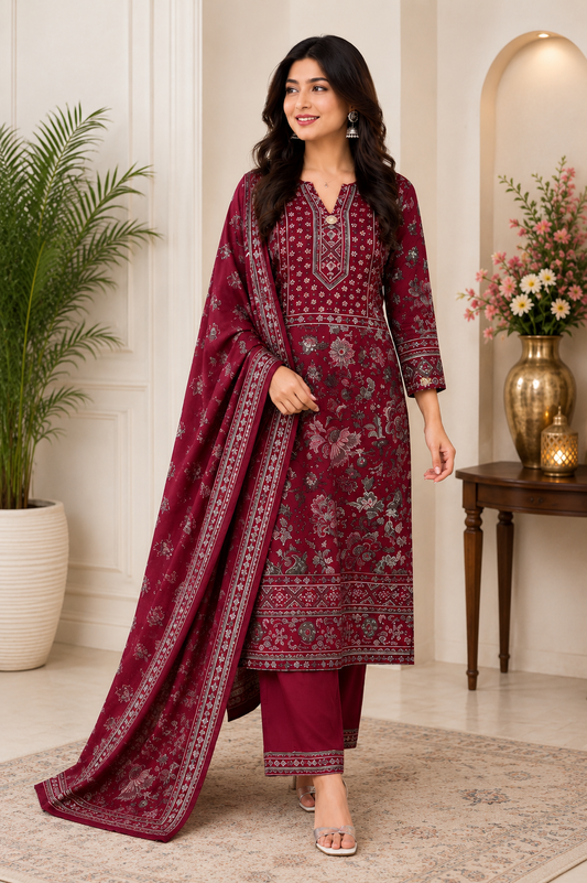 Royal Maroon Printed Kurta Pant with Dupatta Set