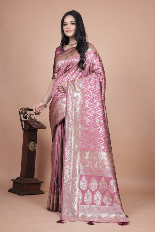 Beautiful Banarasi Silk Saree with Silver Geometric and Floral Zari Work