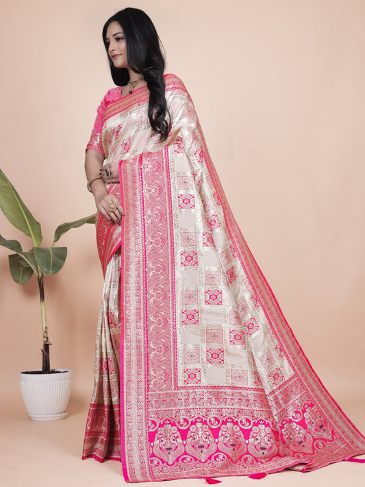 Elegant Cream and Pink Banarasi Silk Saree with Rich Silver Zari Weaving