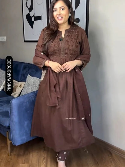 Beautiful Brown Embroidered Flared Kurta Set with Pants
