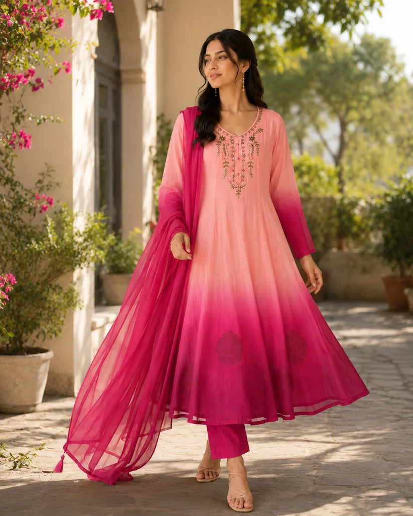 Peach Pink Ombre Embroidered Anarkali Suit Set