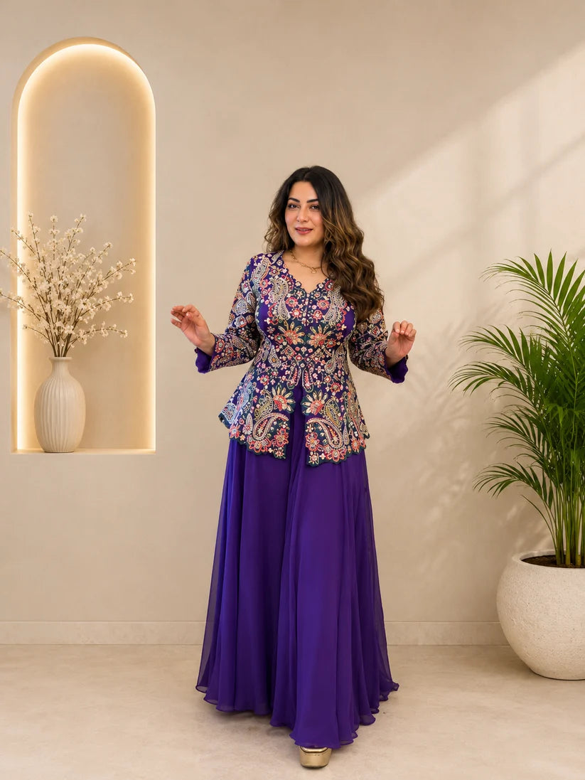 Elegant Royal Purple Floral Embroidered Peplum Sharara Set