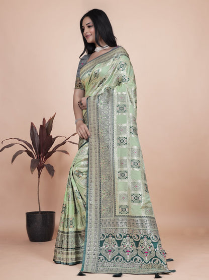 Softy Pastel Green Banarasi Silk Saree with Silver Zari Weaving