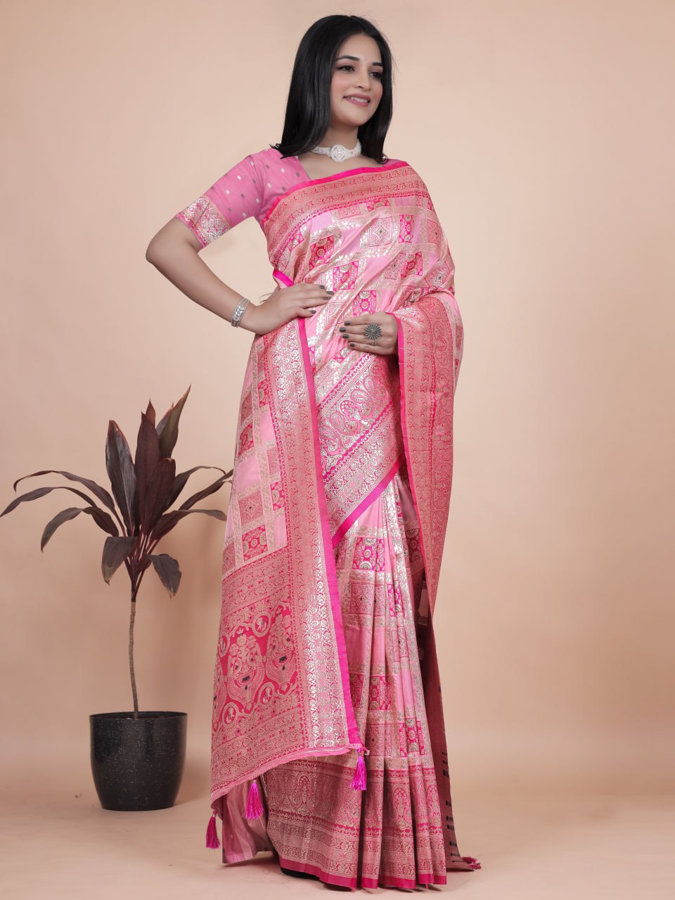 Amazing Baby Pink Banarasi Silk Saree with Rich Silver Zari Detailing