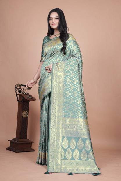 Pastel Green Banarasi Silk Saree with Golden Zari Geometric & Floral Weaves