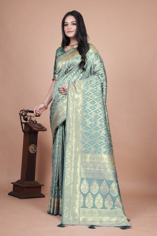 Pastel Green Banarasi Silk Saree with Golden Zari Geometric & Floral Weaves