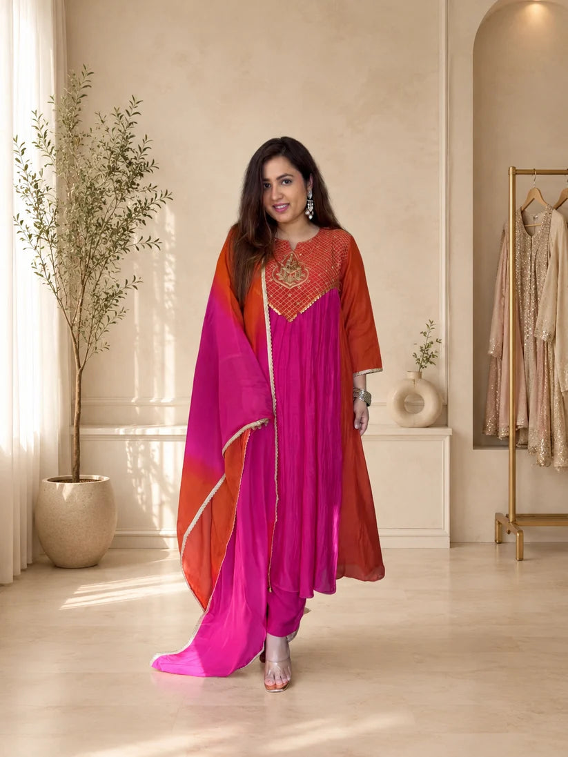 Vibrant Pink Orange Embroidered Anarkali Suit Set