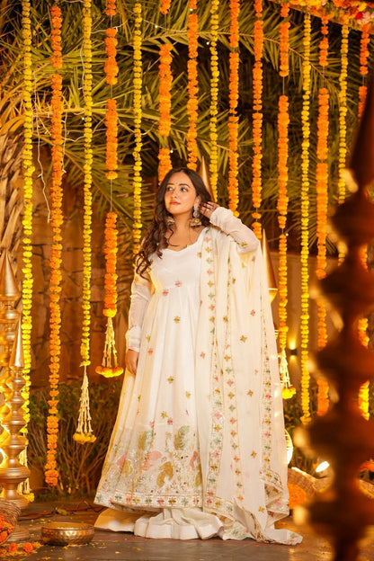 White Premium Soft Cruncy Silk Anarkali Suit Set with Floral Embroidery,