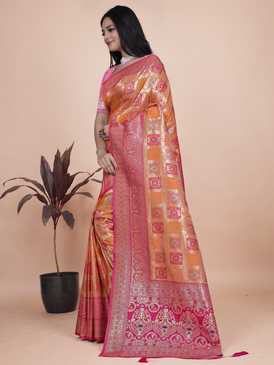 Trendy Women's Orange and Pink Banarasi Silk Saree with Silver Zari Work