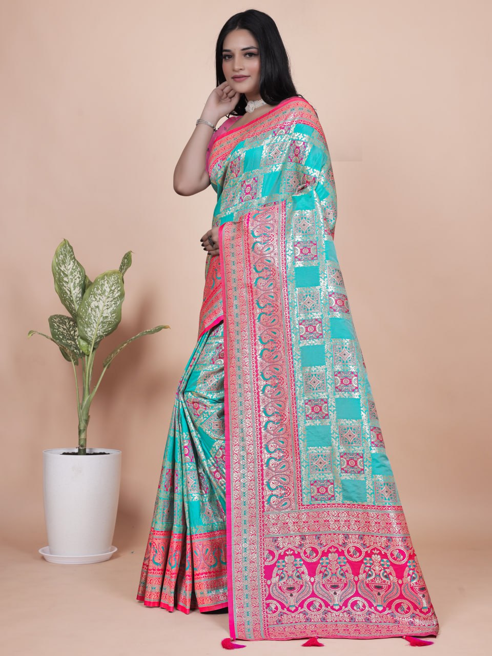 Magic Aqua Blue and Pink Banarasi Silk Saree with Silver Zari Weaving