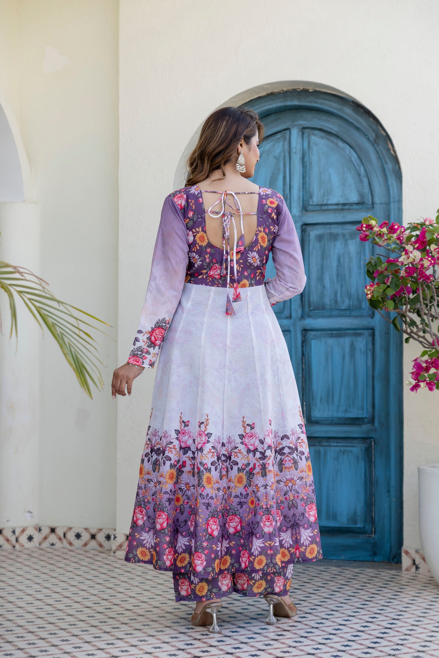 Lavender Bloom Floral Printed Anarkali Salwar Suit Set with Matching Dupatta