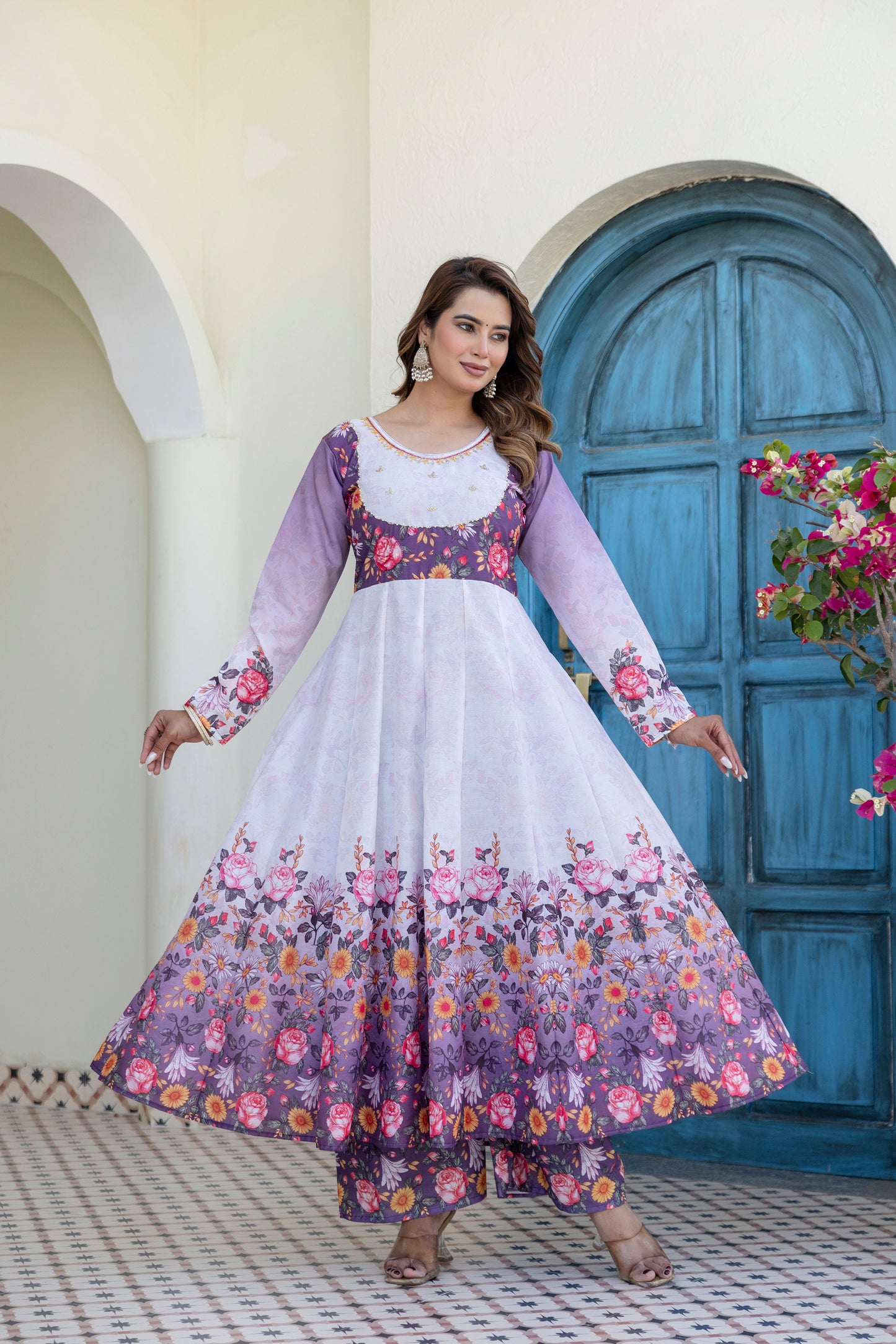 Lavender Bloom Floral Printed Anarkali Salwar Suit Set with Matching Dupatta