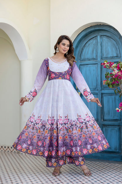 Lavender Bloom Floral Printed Anarkali Salwar Suit Set with Matching Dupatta