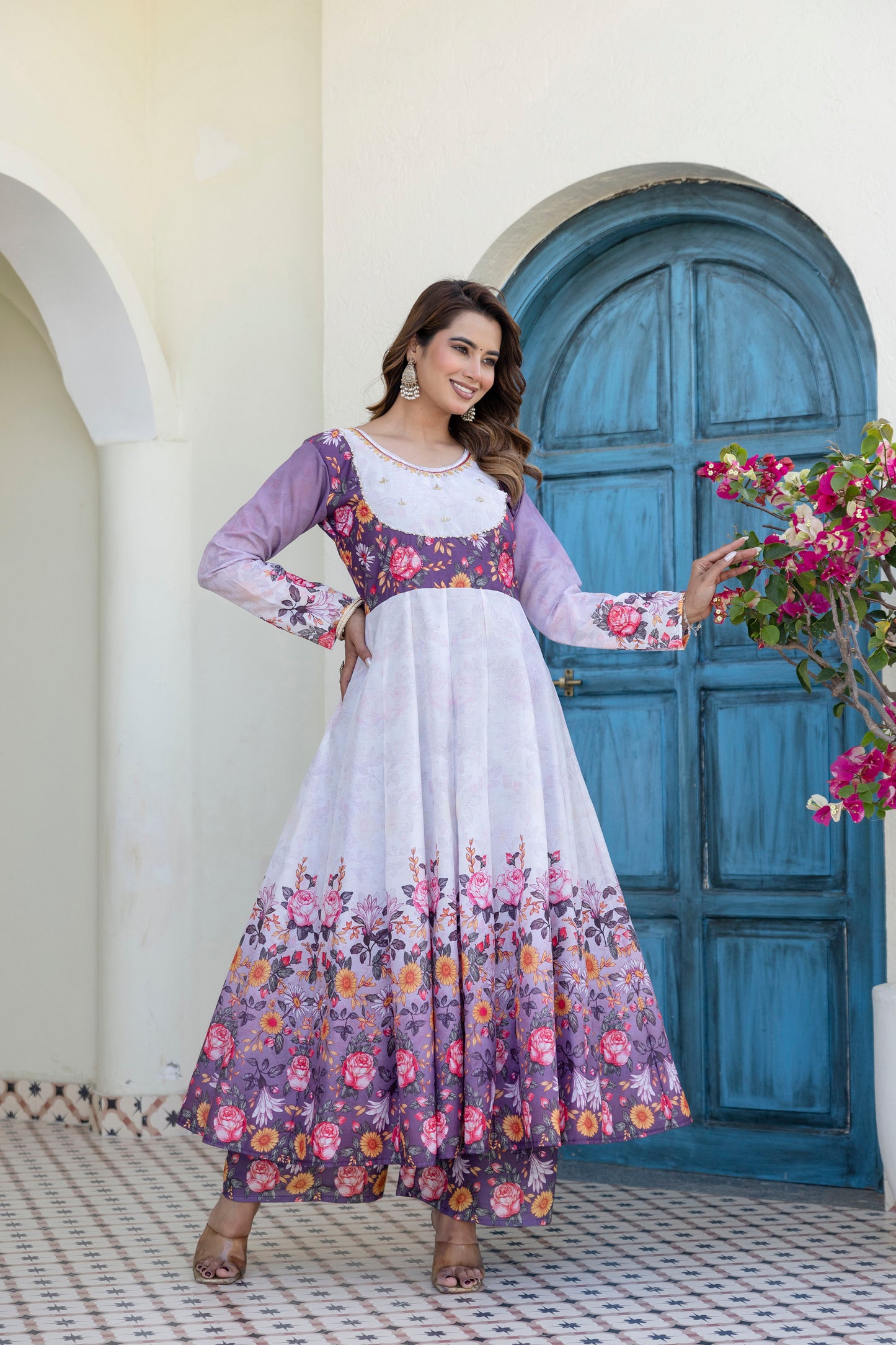 Lavender Bloom Floral Printed Anarkali Salwar Suit Set with Matching Dupatta