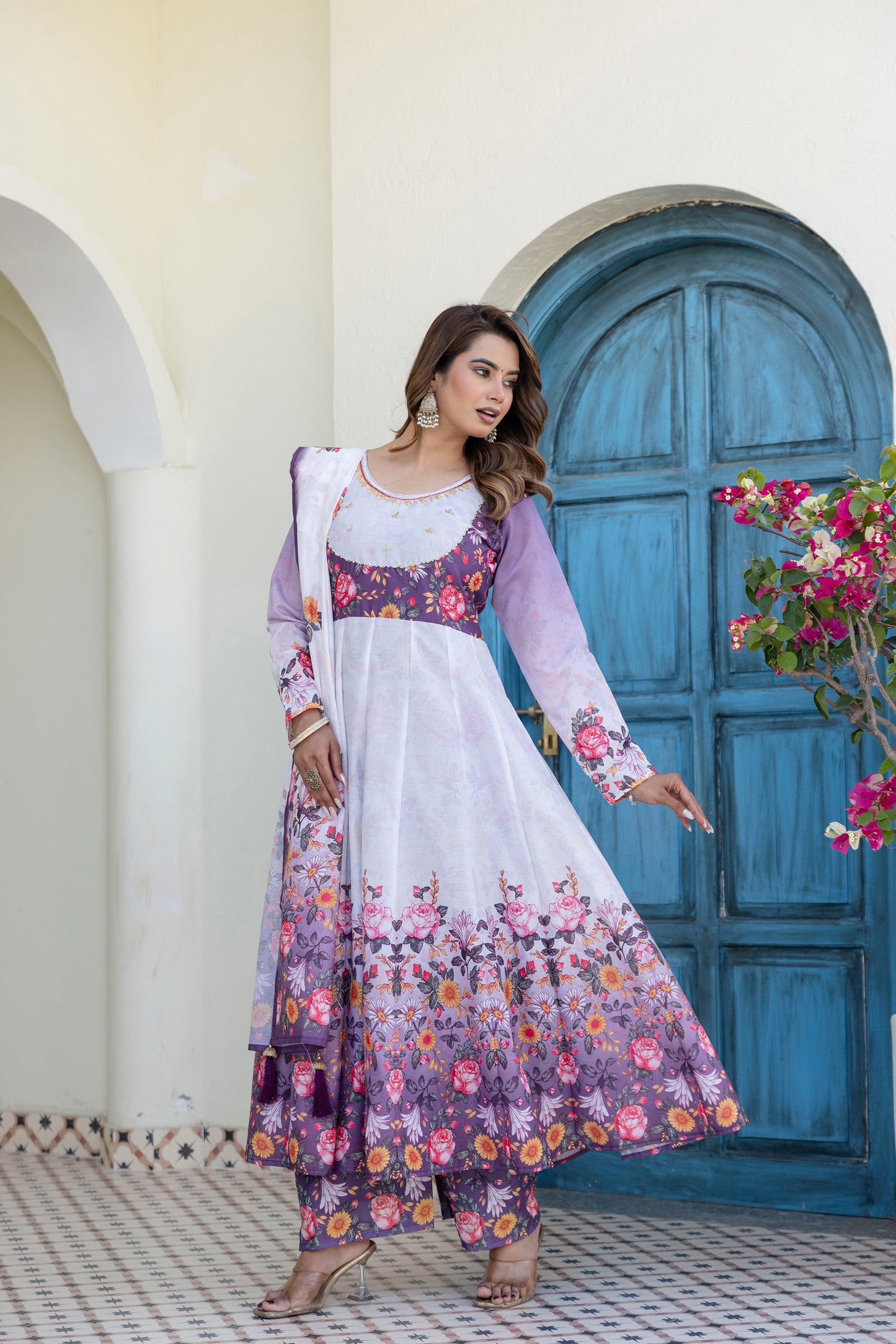 Lavender Bloom Floral Printed Anarkali Salwar Suit Set with Matching Dupatta