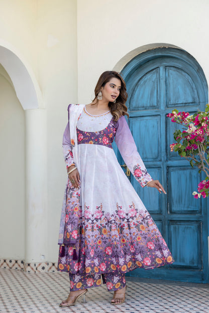 Lavender Bloom Floral Printed Anarkali Salwar Suit Set with Matching Dupatta