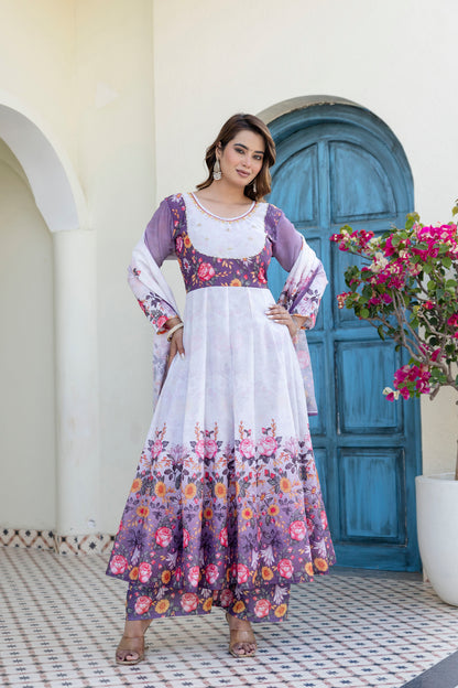 Lavender Bloom Floral Printed Anarkali Salwar Suit Set with Matching Dupatta