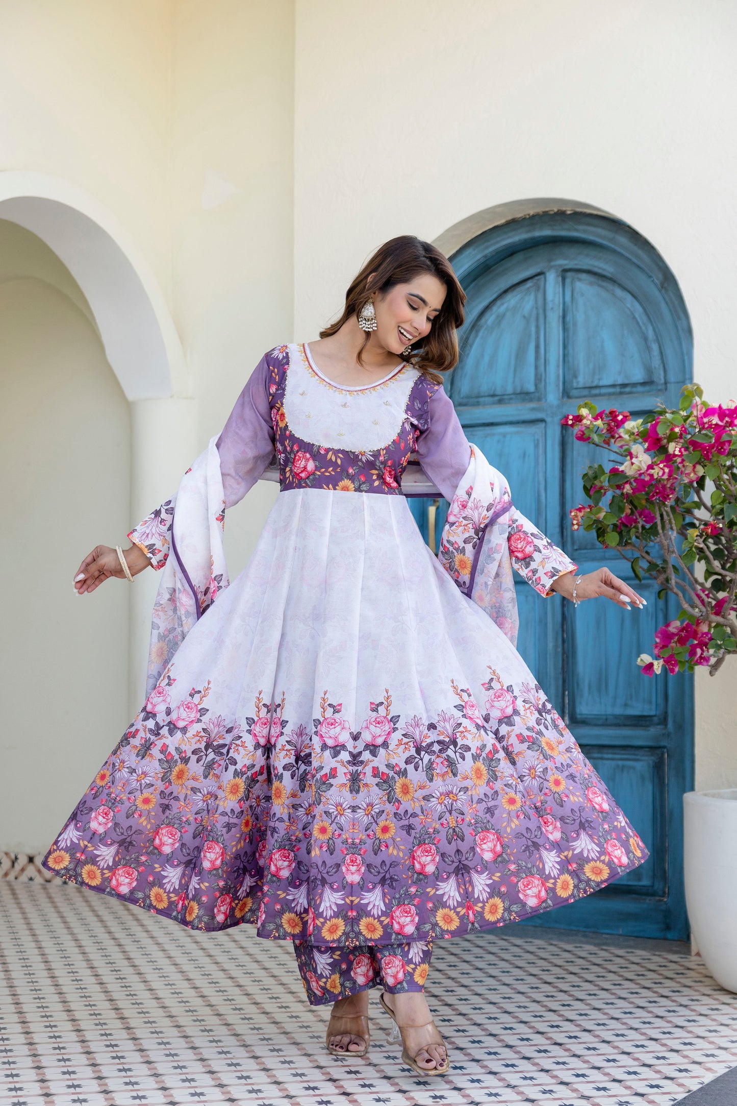 Lavender Bloom Floral Printed Anarkali Salwar Suit Set with Matching Dupatta