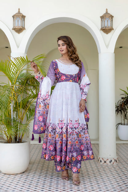 Lavender Bloom Floral Printed Anarkali Salwar Suit Set with Matching Dupatta