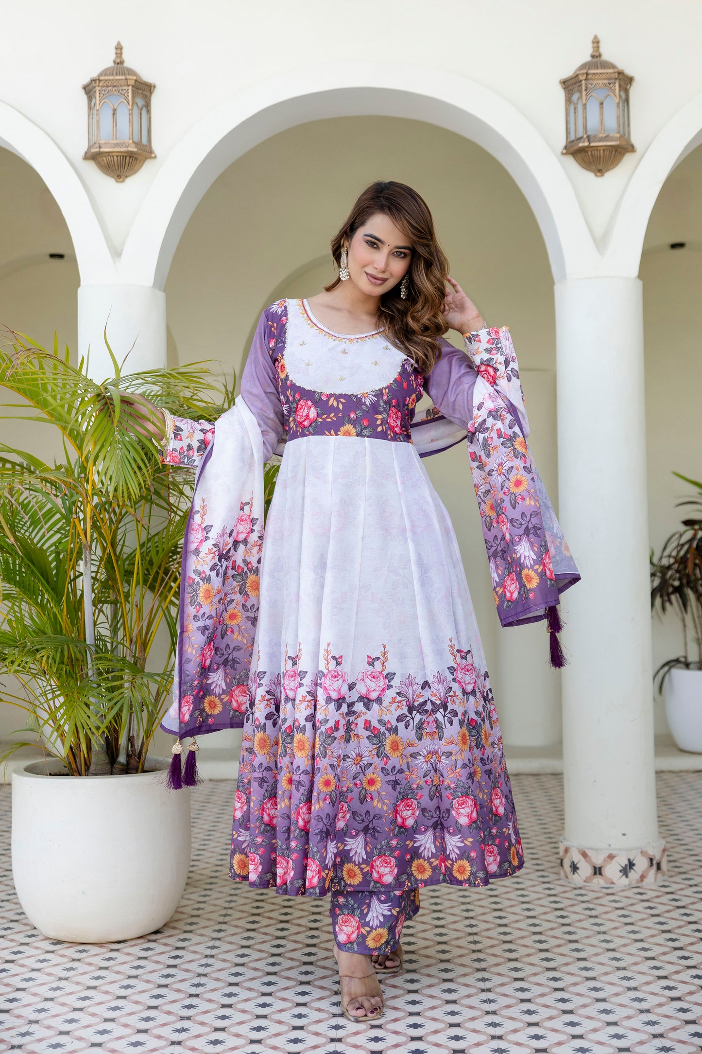 Lavender Bloom Floral Printed Anarkali Salwar Suit Set with Matching Dupatta
