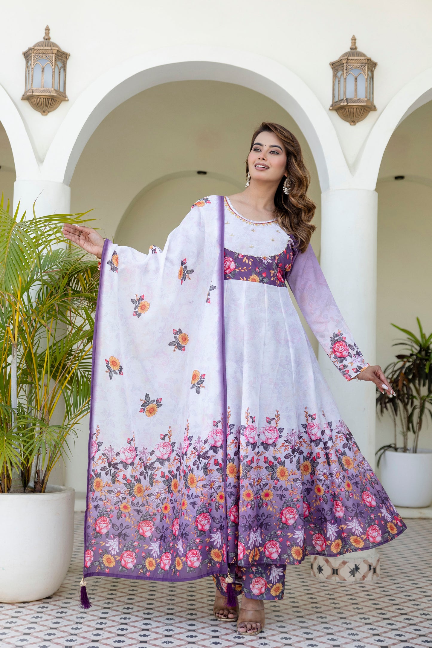 Lavender Bloom Floral Printed Anarkali Salwar Suit Set with Matching Dupatta